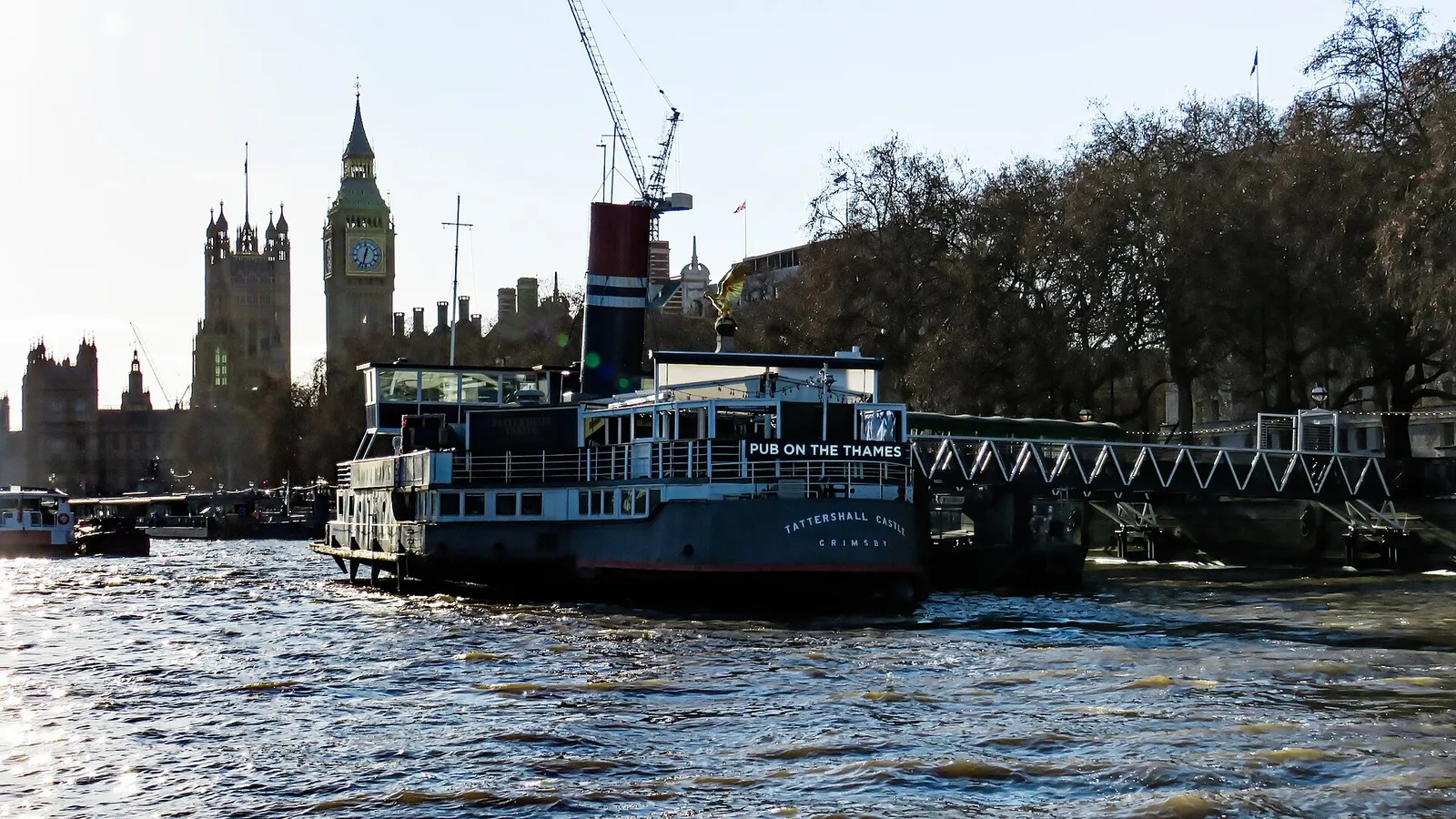 The Tattershall Castle boat moored on Victoria Embankment